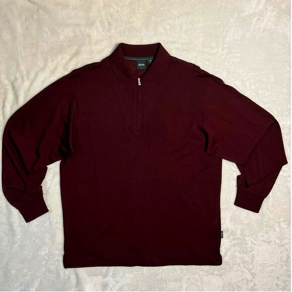 Hugo Boss Virgin Wool Golf 1/4 Zip Light Sweater Men's Large Burgandy Polo Luxe - Picture 1 of 7